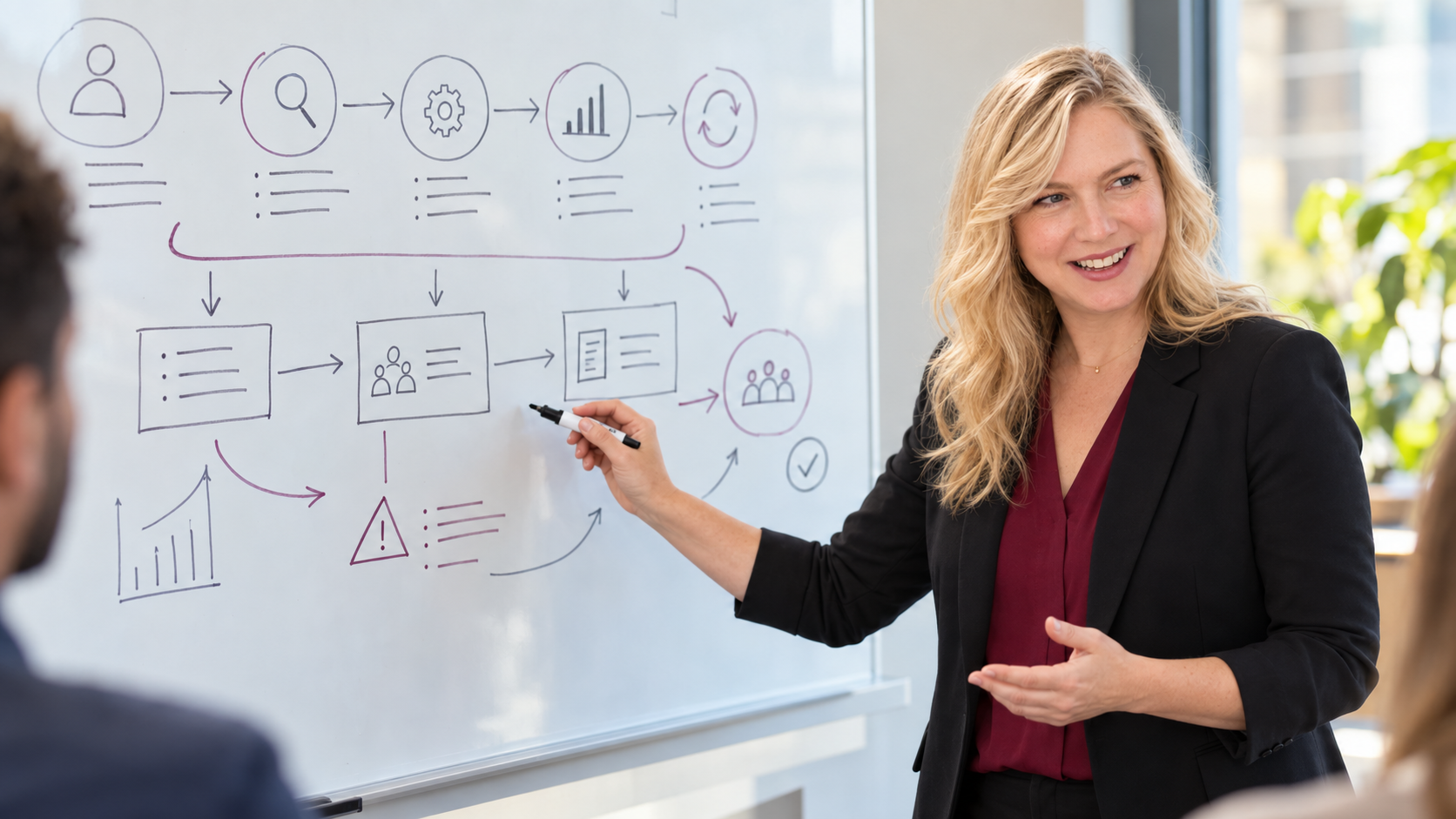 Kristy Vincent leading a post-sale operating model working session at a whiteboard